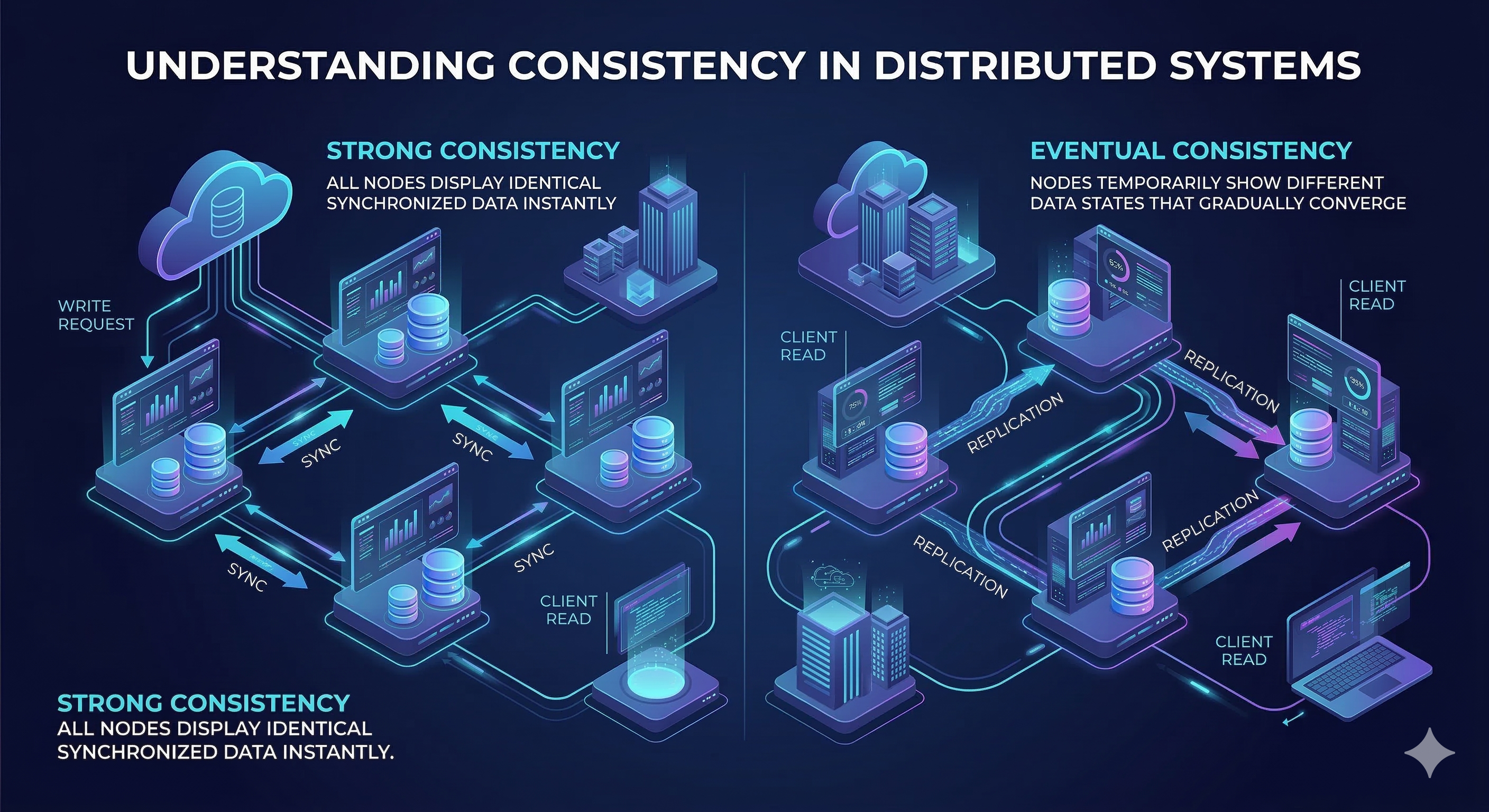 Illustration comparing strong consistency and eventual consistency in distributed systems